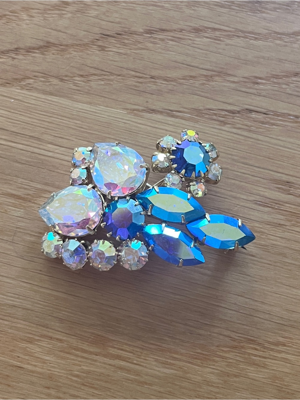 Vintage Iridescent Blue and Aurora Crystal Floral Brooch - Women Jewelry